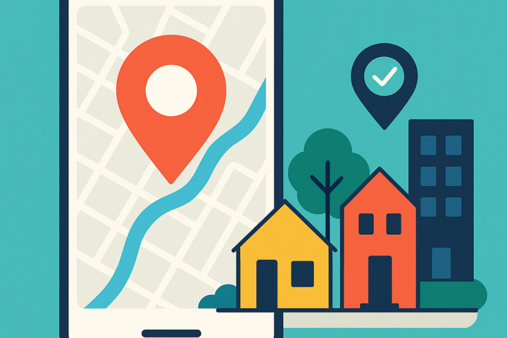 Illustrative graphic showing a cellphone with a map and homes, representing the use of the City Compass app for reporting issues or requests.