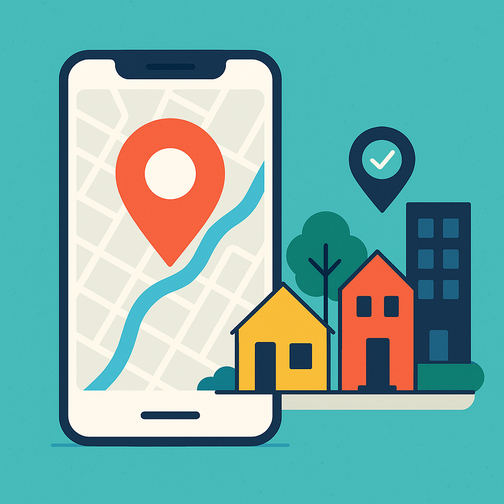 Illustrative graphic showing a cellphone with a map and homes, representing the use of the City Compass app for reporting issues or requests.