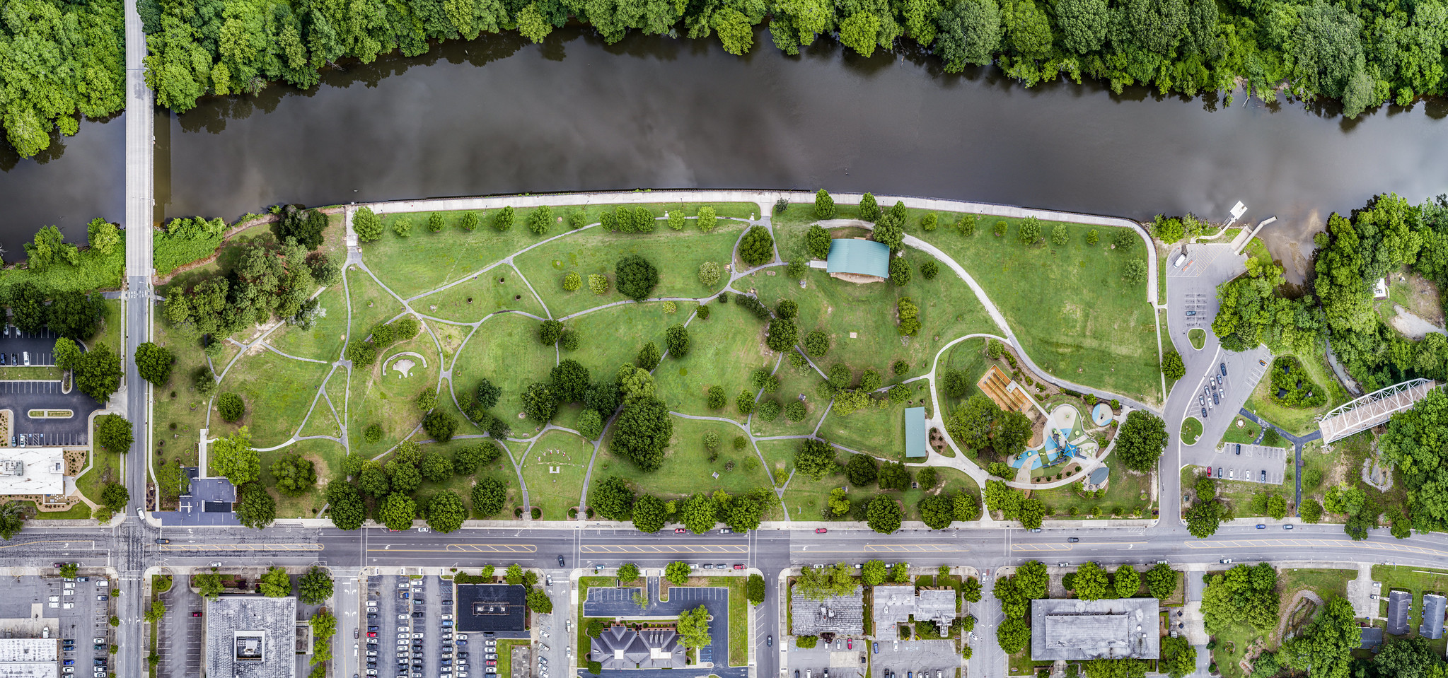 Aerial view picture of the Town Common, showing the park, the Tar River and surrounding streets.