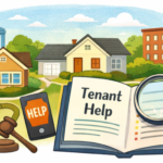 An illustration image showing housing in the background and tenant resources in the forefront in the form of a book reading "Tenant Help" and other objects.