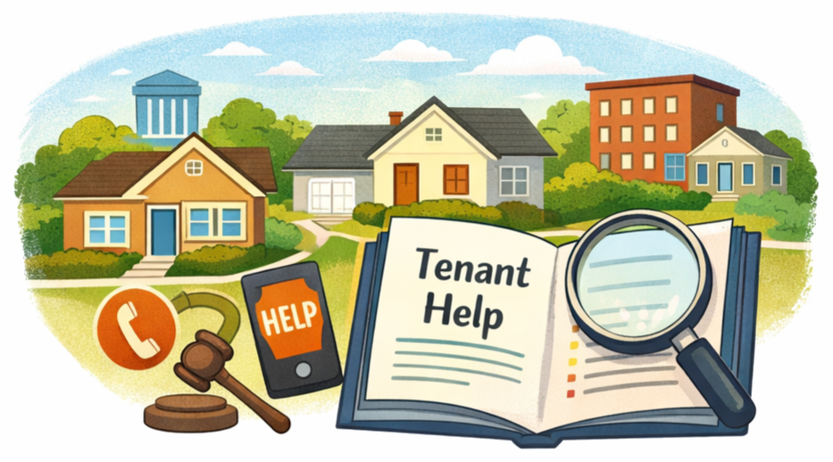 An illustration image showing housing in the background and tenant resources in the forefront in the form of a book reading "Tenant Help" and other objects.